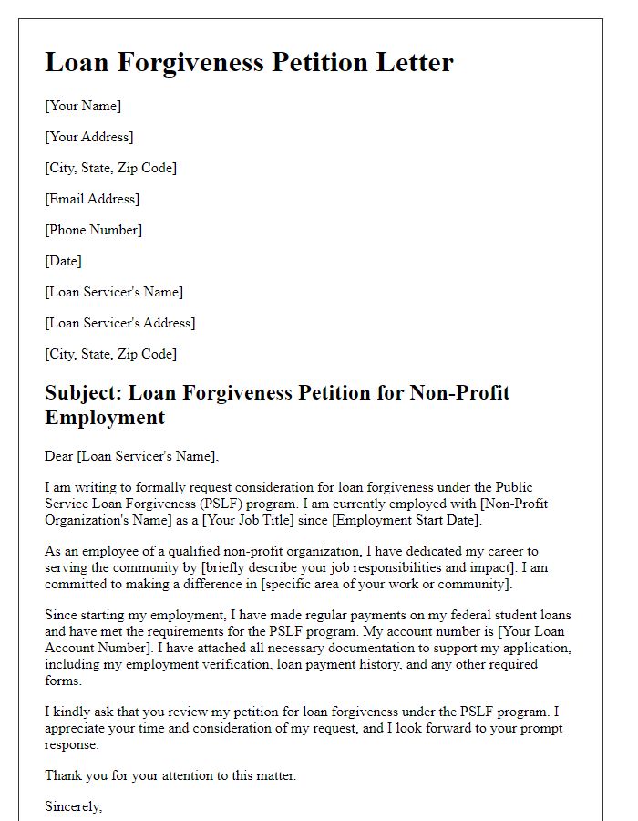 Letter template of loan forgiveness petition for non-profit employees.