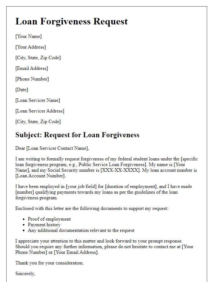 Letter template of loan forgiveness request for federal student loans.