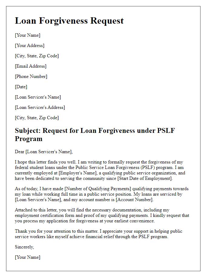 Letter template of loan forgiveness request for public service workers.