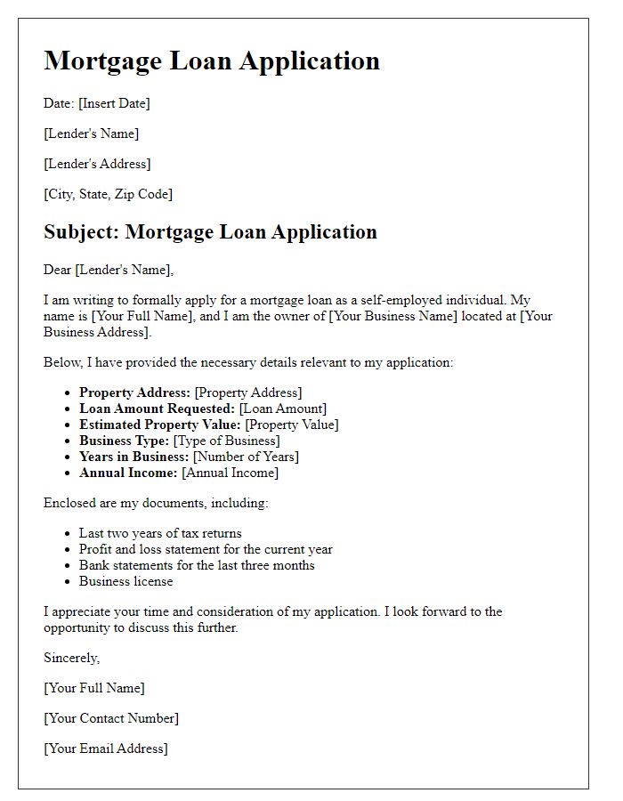 Letter template of mortgage loan application for self-employed individuals