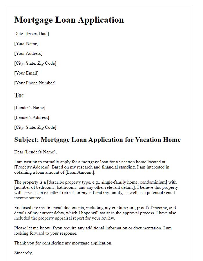 Letter template of mortgage loan application for a vacation home