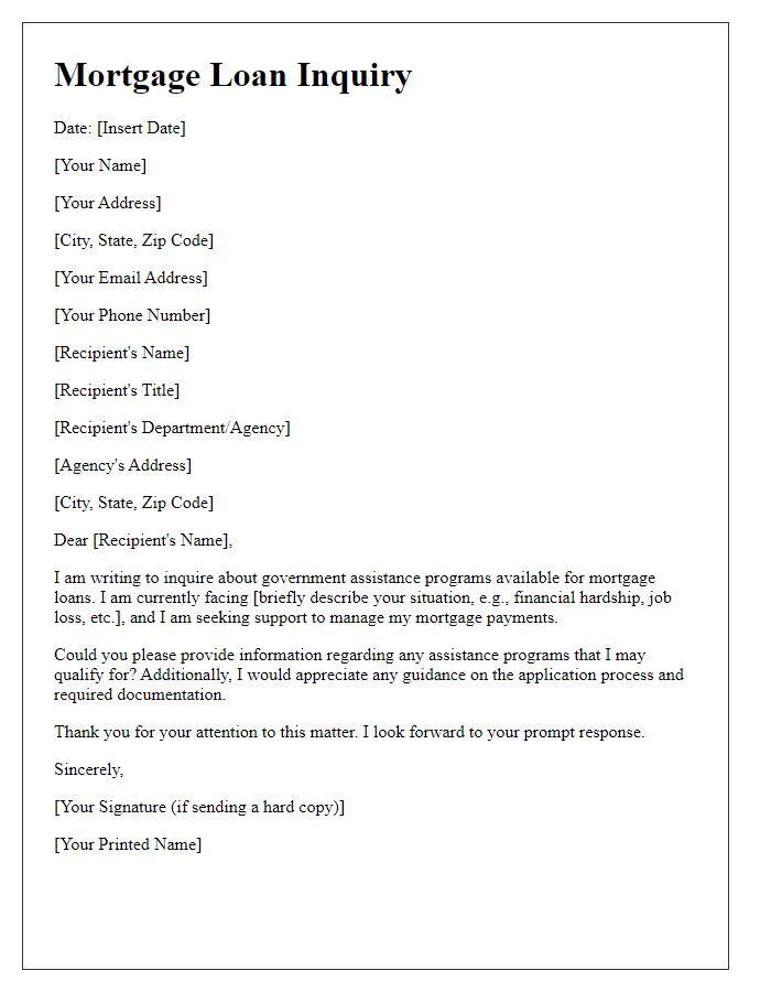 Letter template of mortgage loan inquiry for government assistance programs