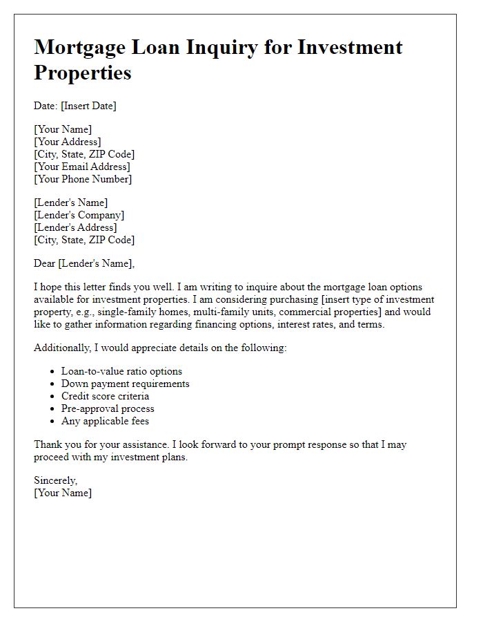 Letter template of mortgage loan inquiry for investment properties