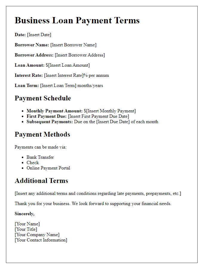 Letter template of business loan payment terms.