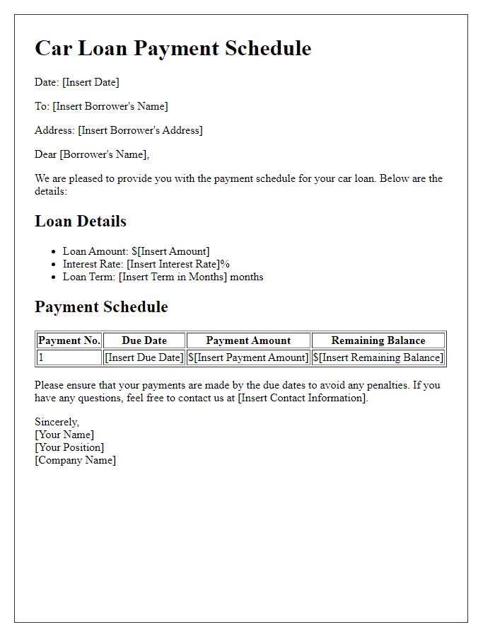 Letter template of car loan payment schedule.