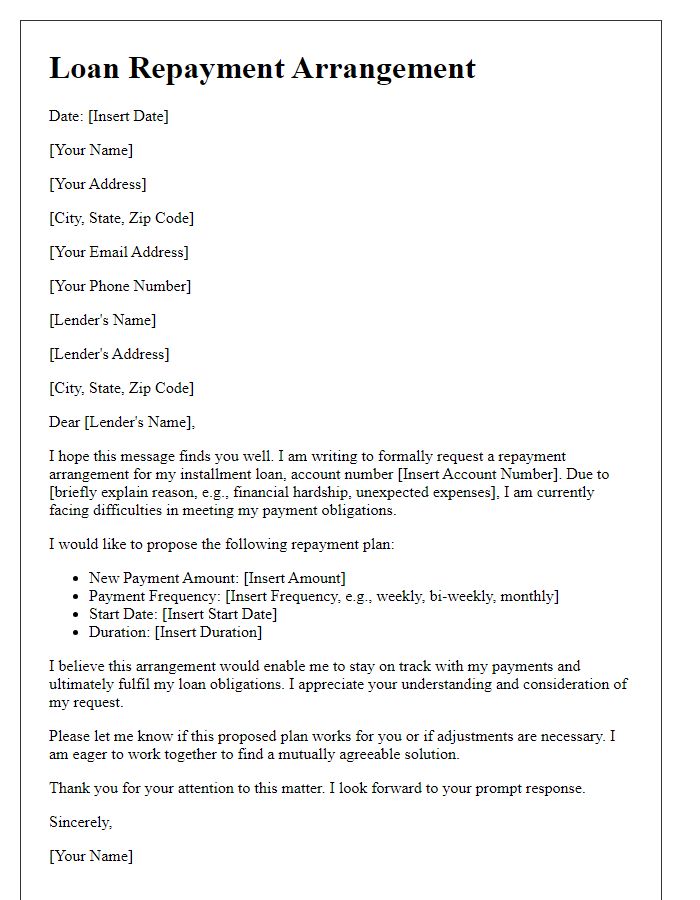 Letter template of installment loan repayment arrangement.