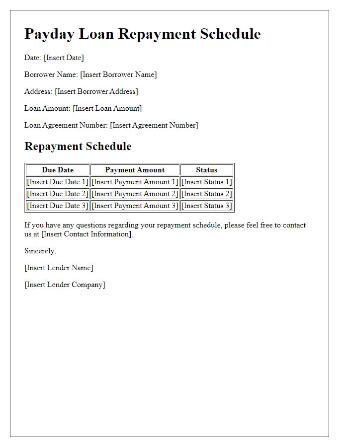 Letter template of payday loan repayment schedule.