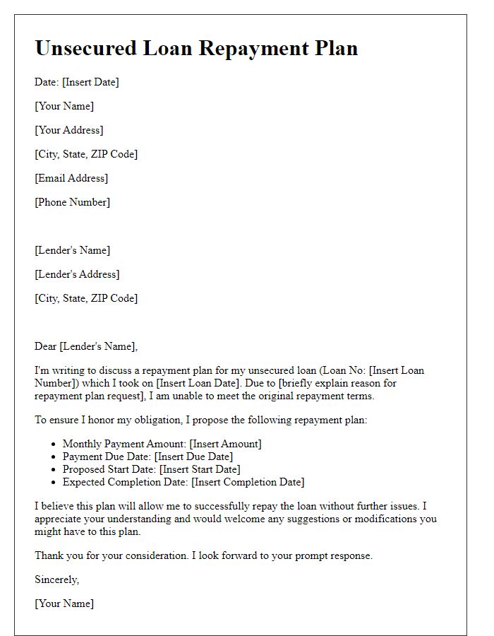 Letter template of unsecured loan repayment plan.