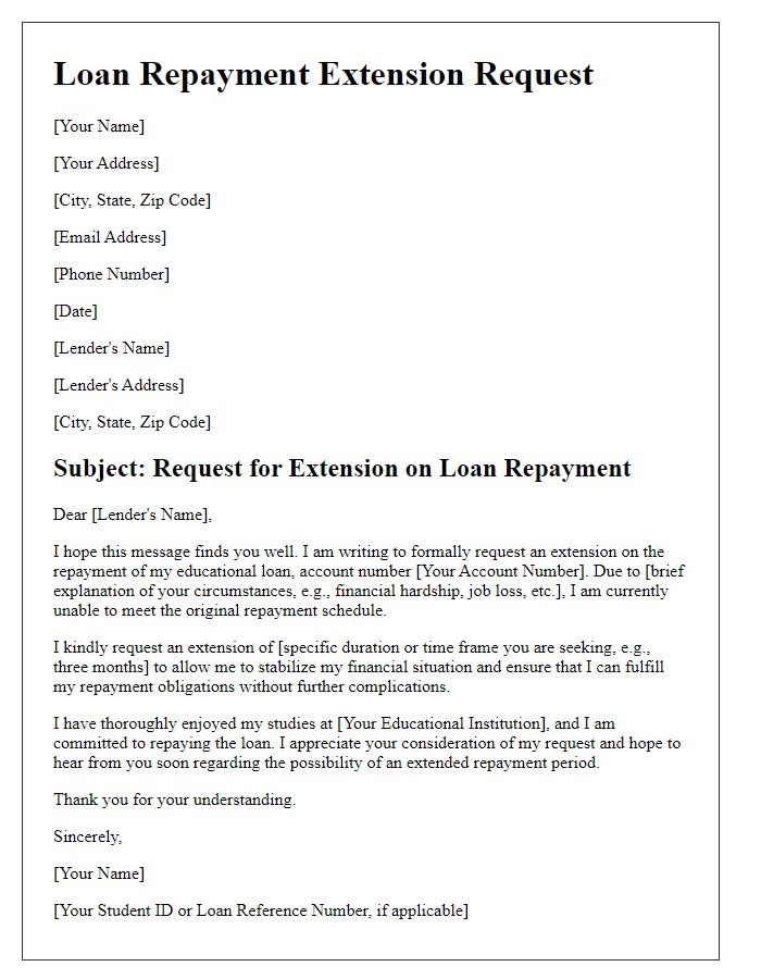 Letter template of loan repayment extension for educational loans.