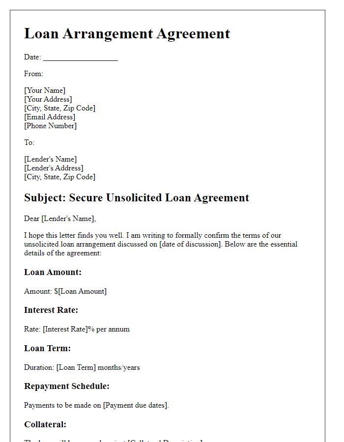 Letter template of a secure unsolicited loan arrangement