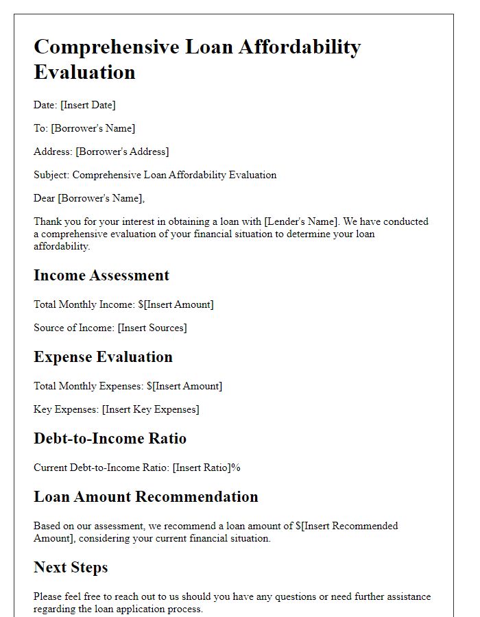 Letter template of Comprehensive Loan Affordability Evaluation