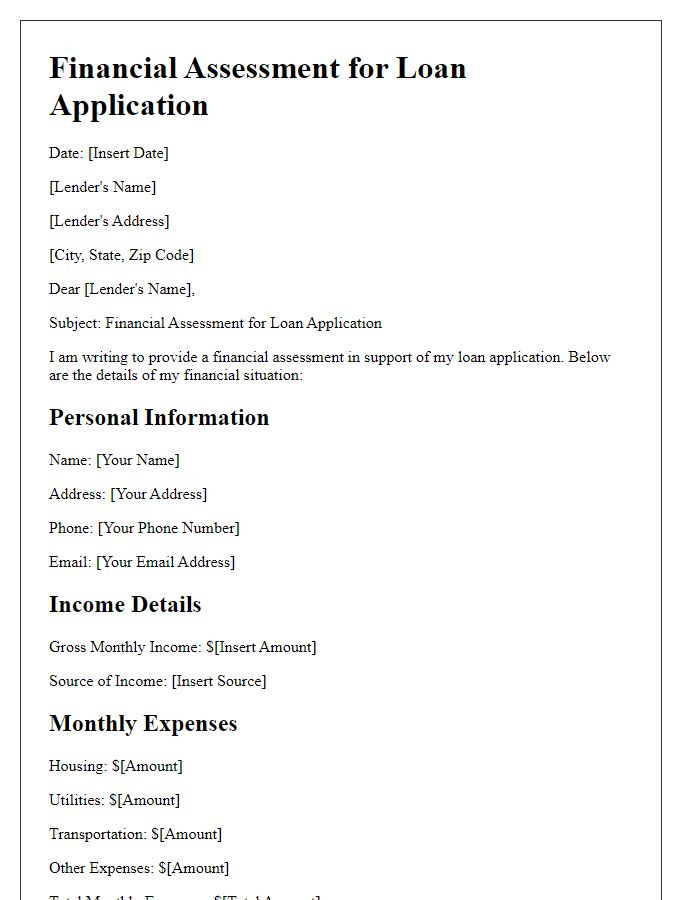 Letter template of Financial Assessment for Loan Application