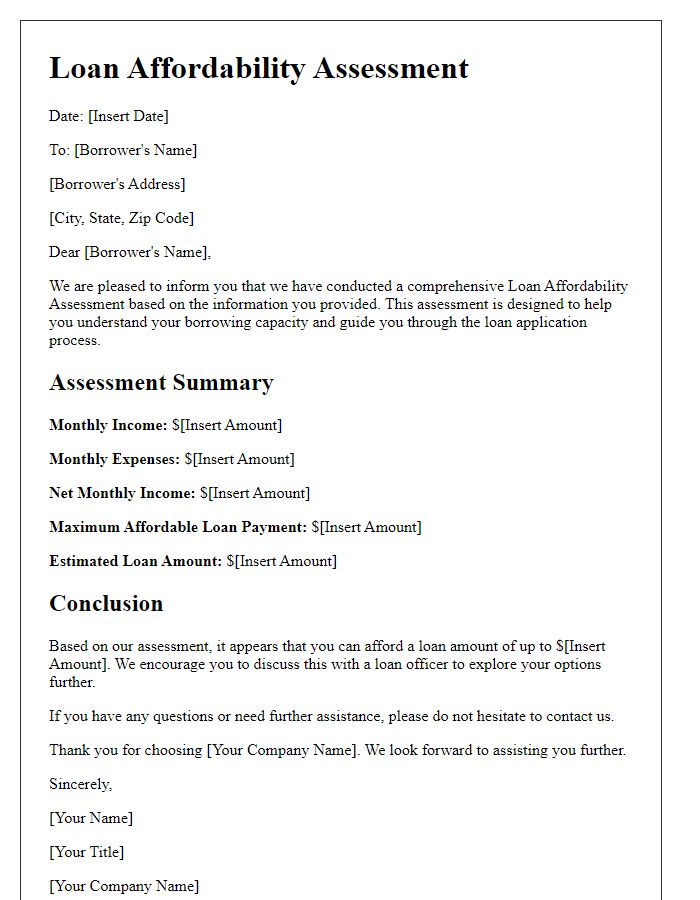 Letter template of Loan Affordability Assessment