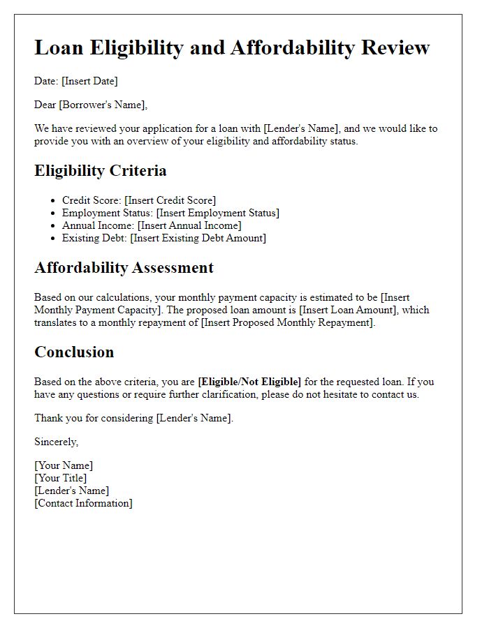 Letter template of Loan Eligibility and Affordability Review