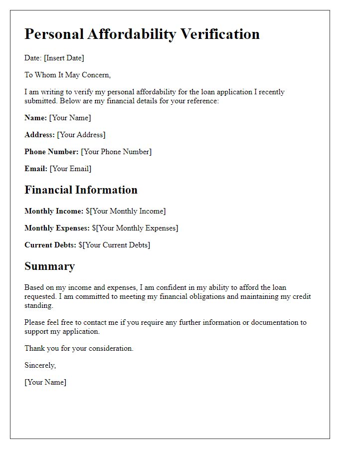 Letter template of Personal Affordability Verification for Loan