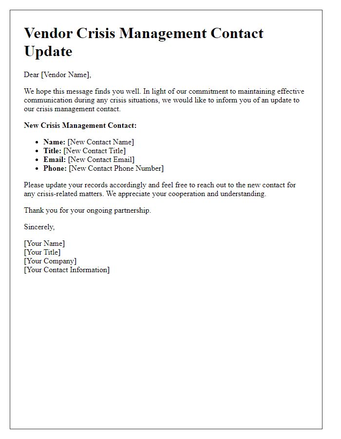 Letter template of vendor crisis management contact update.