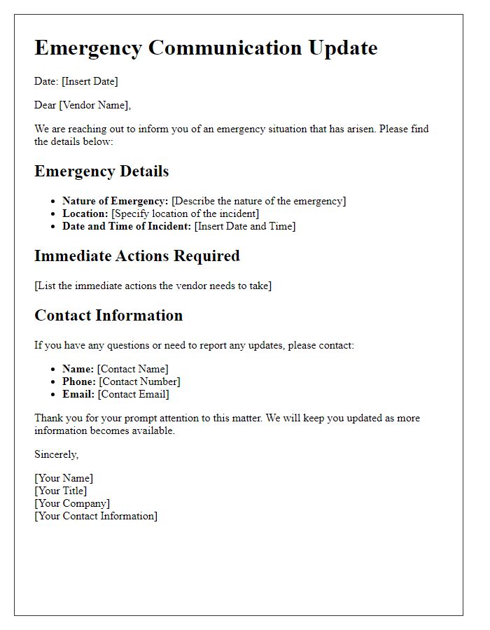 Letter template of vendor emergency communication updates.