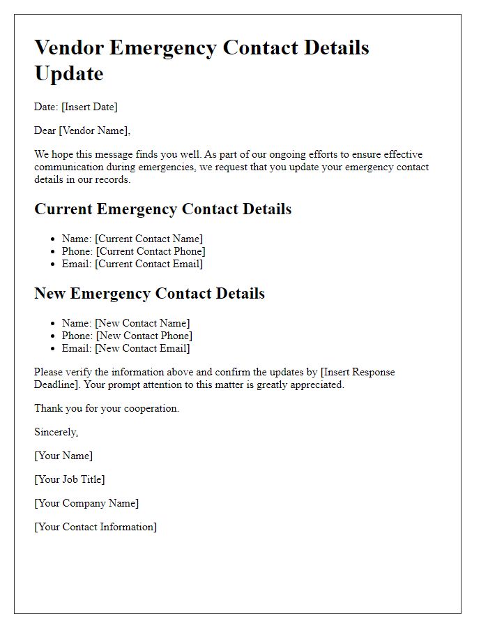 Letter template of vendor emergency contact details update.