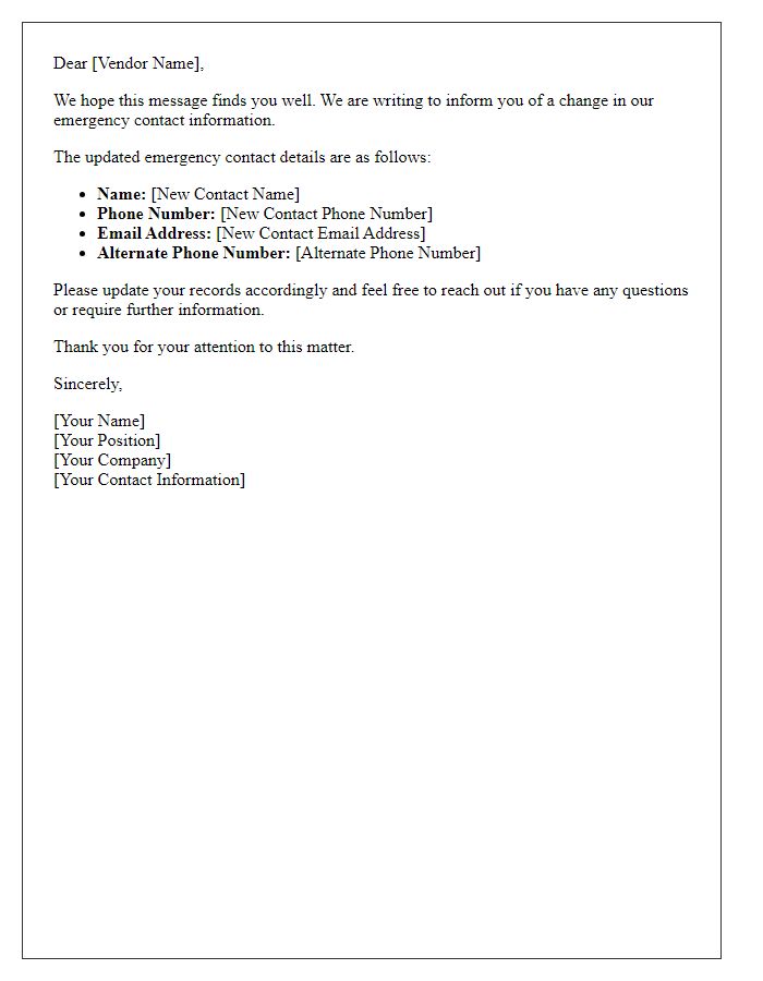 Letter template of vendor emergency contact information change.