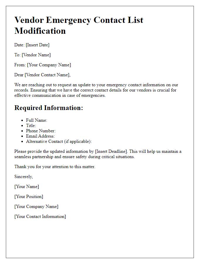 Letter template of vendor emergency contact list modification.