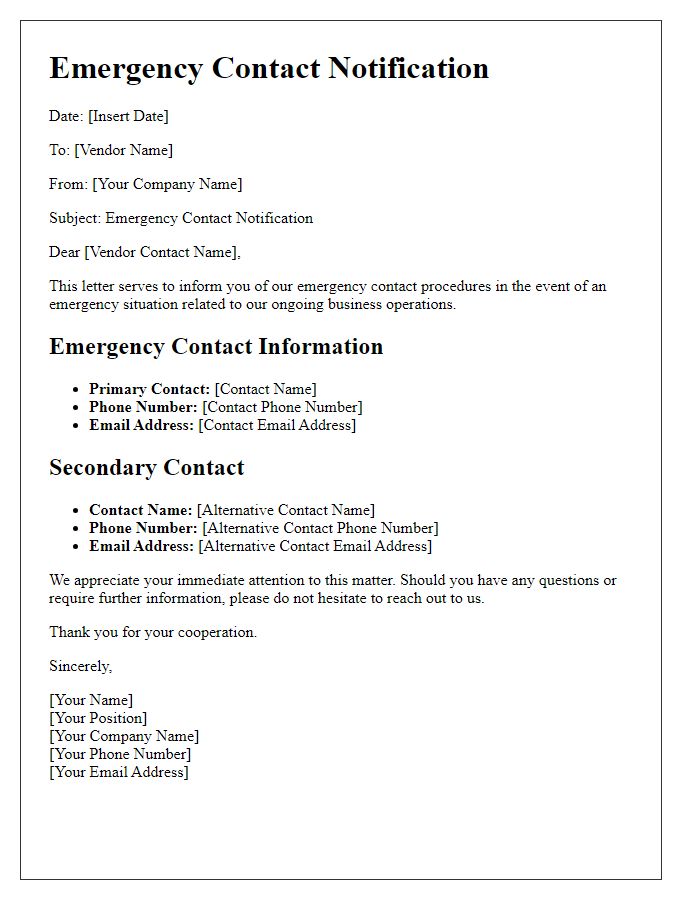 Letter template of vendor emergency contact notification.