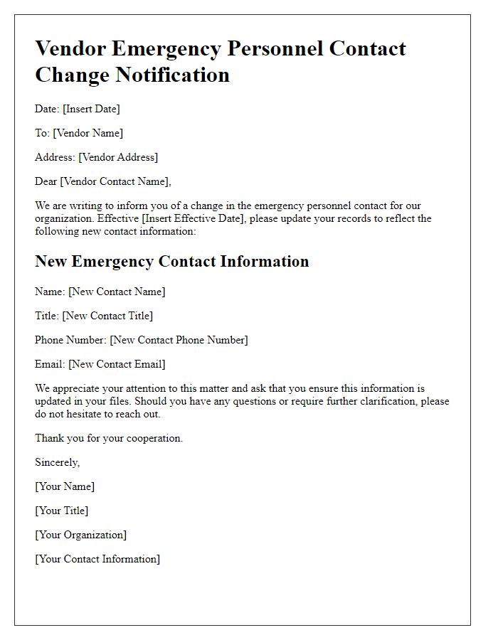 Letter template of vendor emergency personnel contact change.