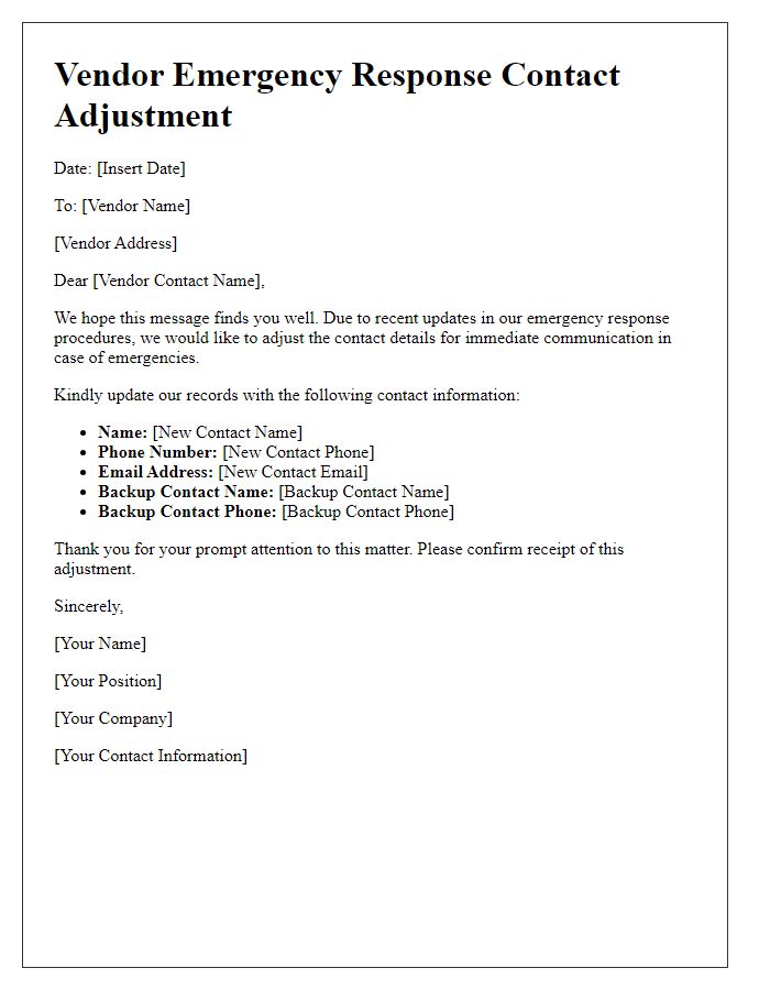 Letter template of vendor emergency response contact adjustment.