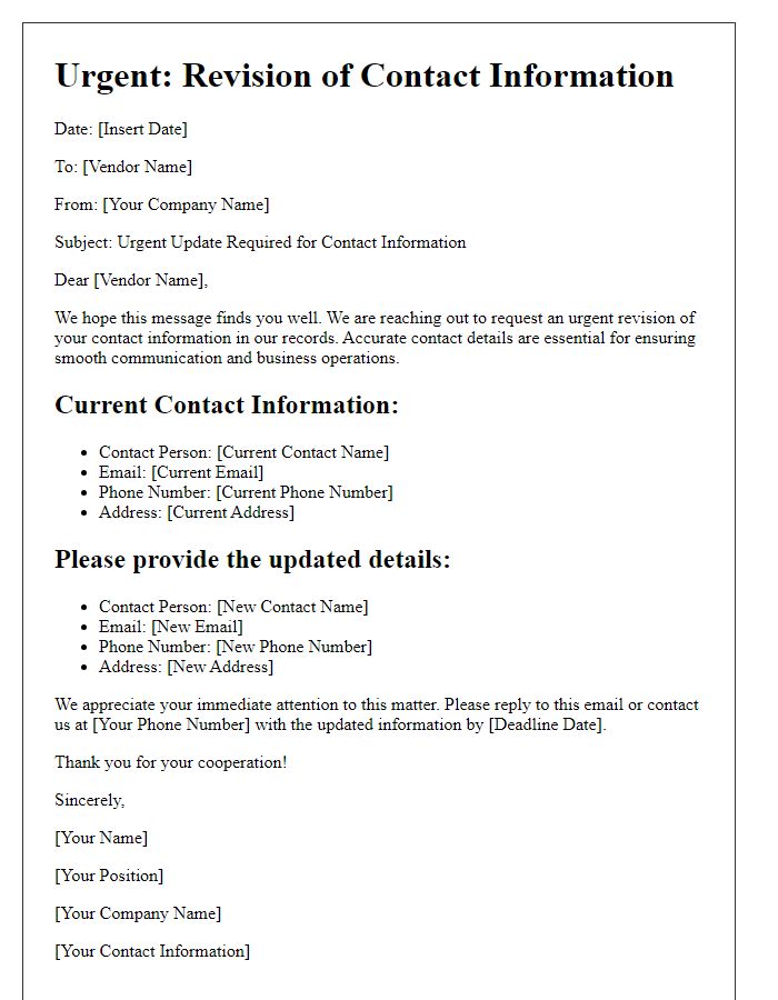 Letter template of vendor urgent contact information revision.