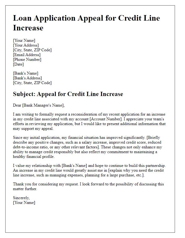 Letter template of loan application appeal for credit line increase