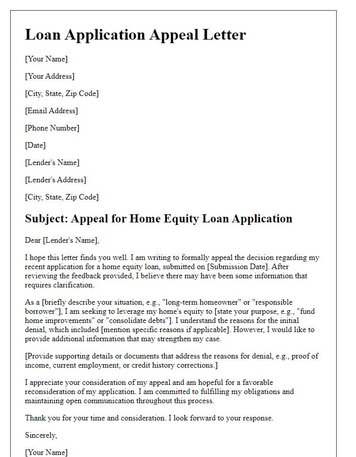 Letter template of loan application appeal for home equity loan