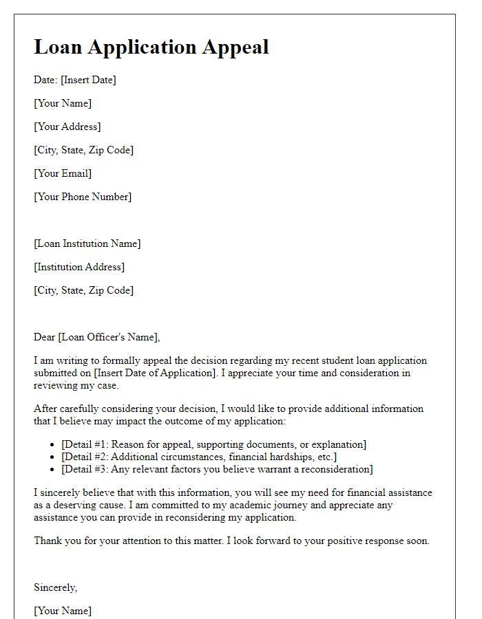 Letter template of loan application appeal for student loan