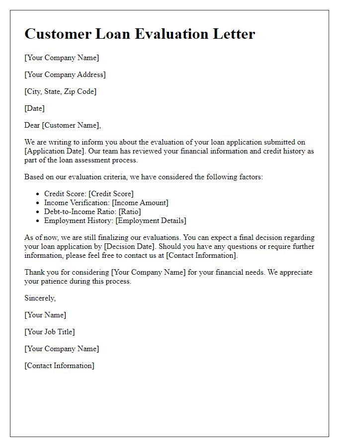 Letter template of customer loan evaluation