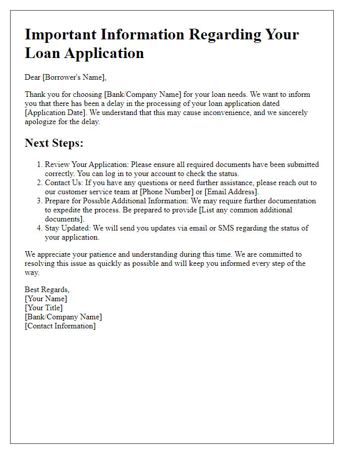 Letter template of guidance on next steps after loan processing delay