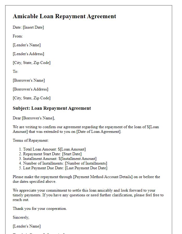 Letter template of amicable loan repayment agreement