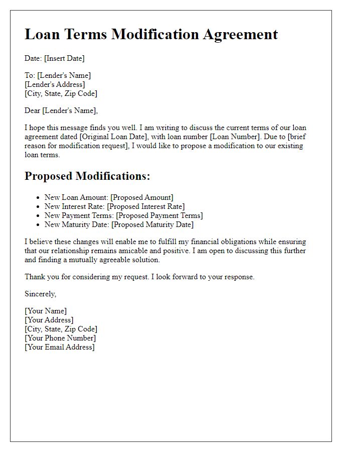 Letter template of amicable loan terms modification