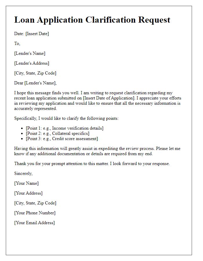 Letter template of loan application clarification request