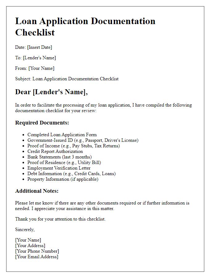 Letter template of loan application documentation checklist