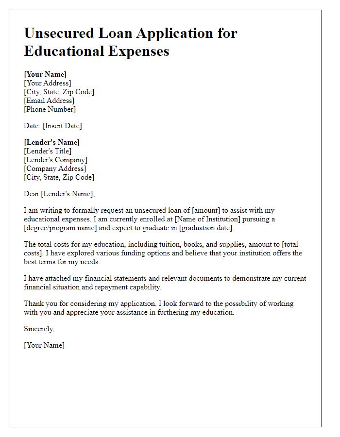 Letter template of unsecured loan application for educational expenses.