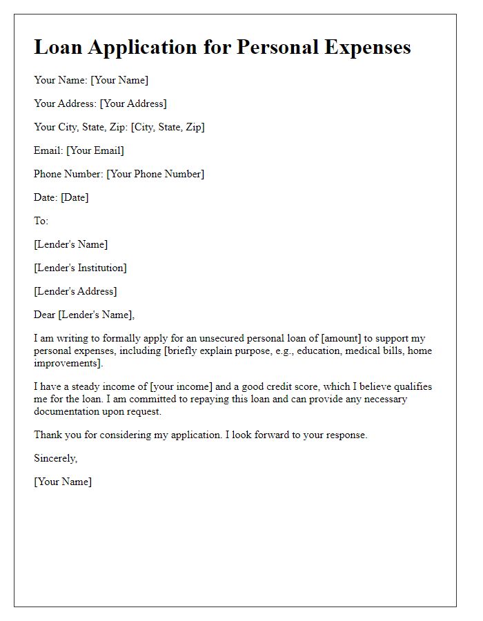 Letter template of unsecured loan application for personal expenses.