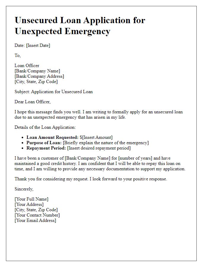 Letter template of unsecured loan application for unexpected emergencies.