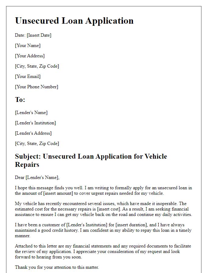 Letter template of unsecured loan application for vehicle repairs.