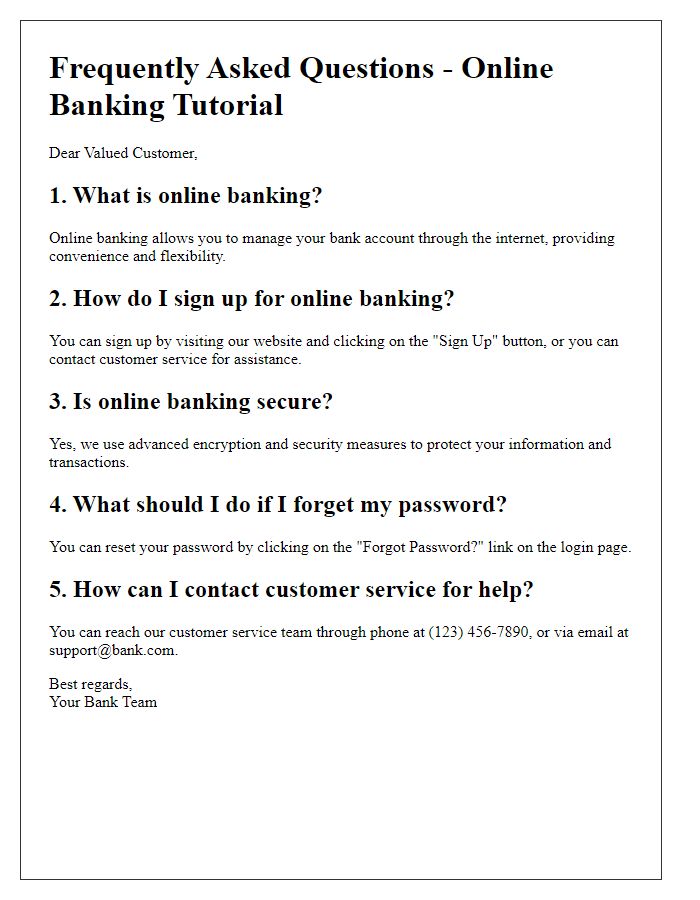 Letter template of FAQs regarding online banking tutorial