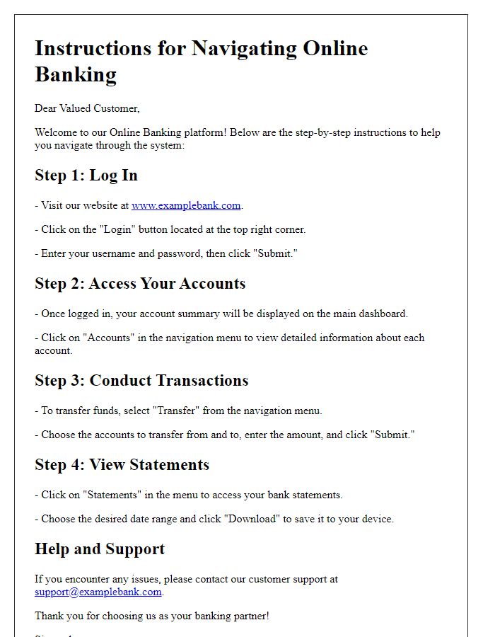 Letter template of instructions for navigating online banking