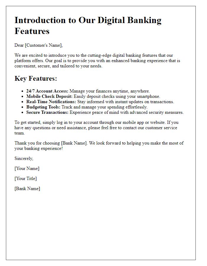 Letter template of introduction to digital banking features