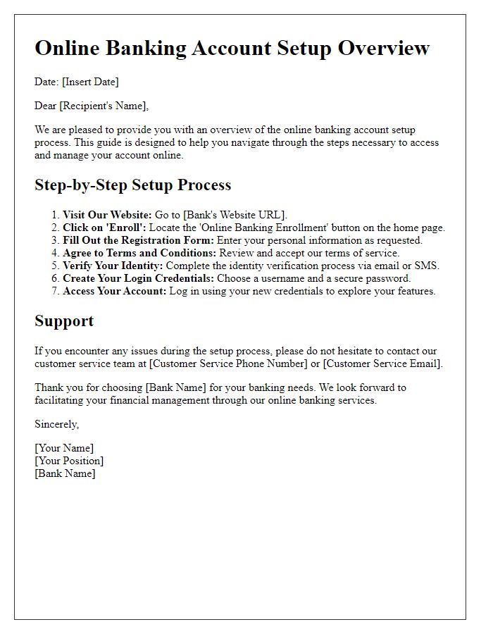 Letter template of overview of online banking account setup