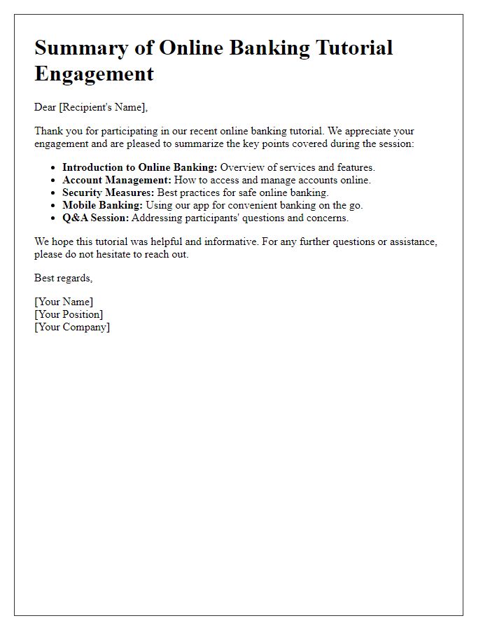 Letter template of summary for online banking tutorial engagement