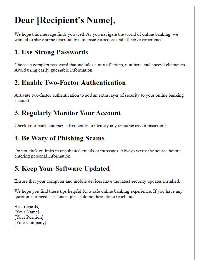 Letter template of tips for effective online banking usage