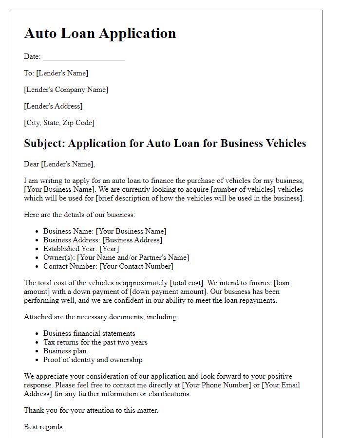 Letter template of auto loan application for business vehicles