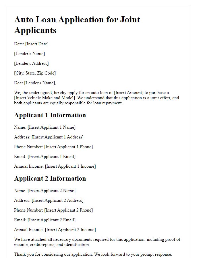 Letter template of auto loan application for joint applicants