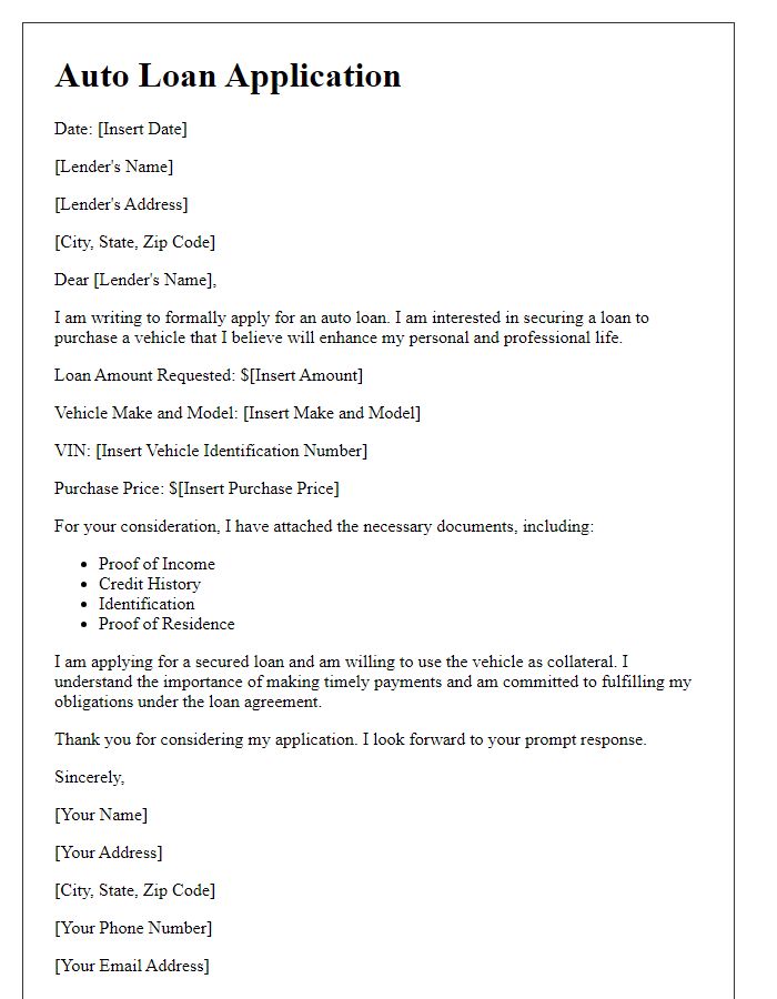 Letter template of auto loan application for secured loans